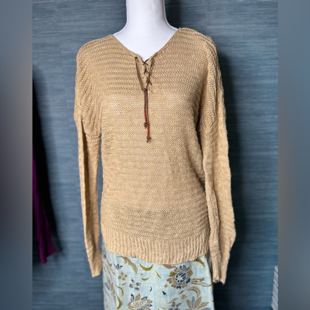 Ralph Lauren Tan V-Neck Sweater with Lace-Up Detail